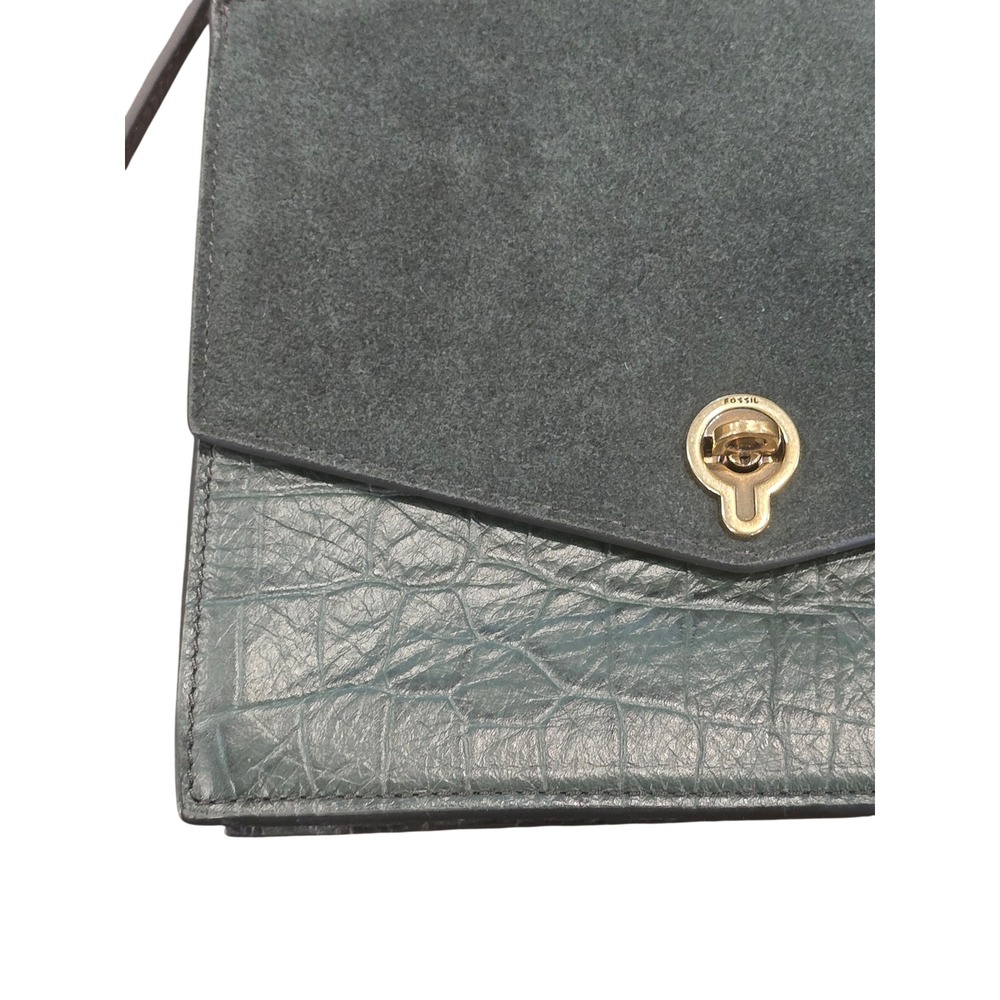 🆕️Fossil Forest Green Croc Embossed Leather Nubuck Suede Crossbody Bag Turnlock - Picture 7 of 15
